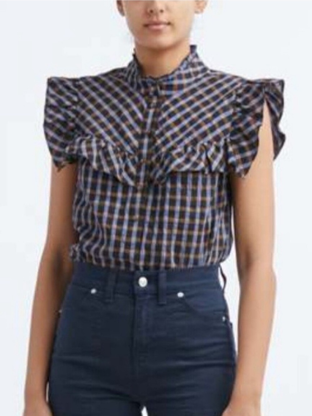 Veronica Beard Blue and Brown Check Ruffle Shoulder Camisole
